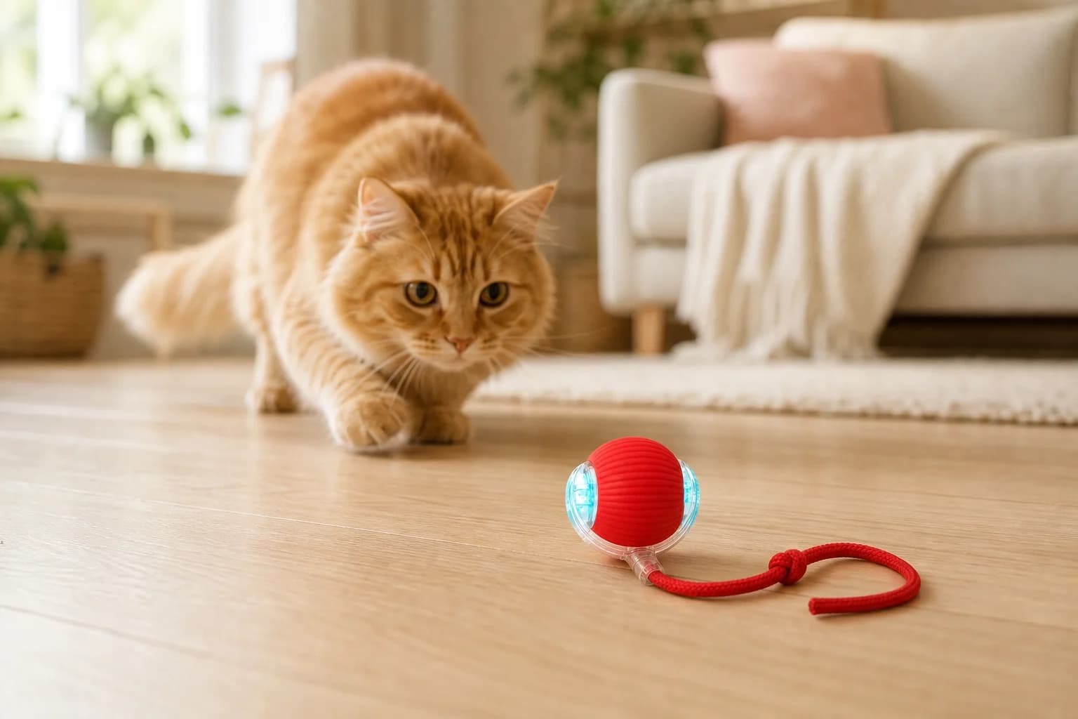 Gato al acecho de la pelota PRESA en el salón
